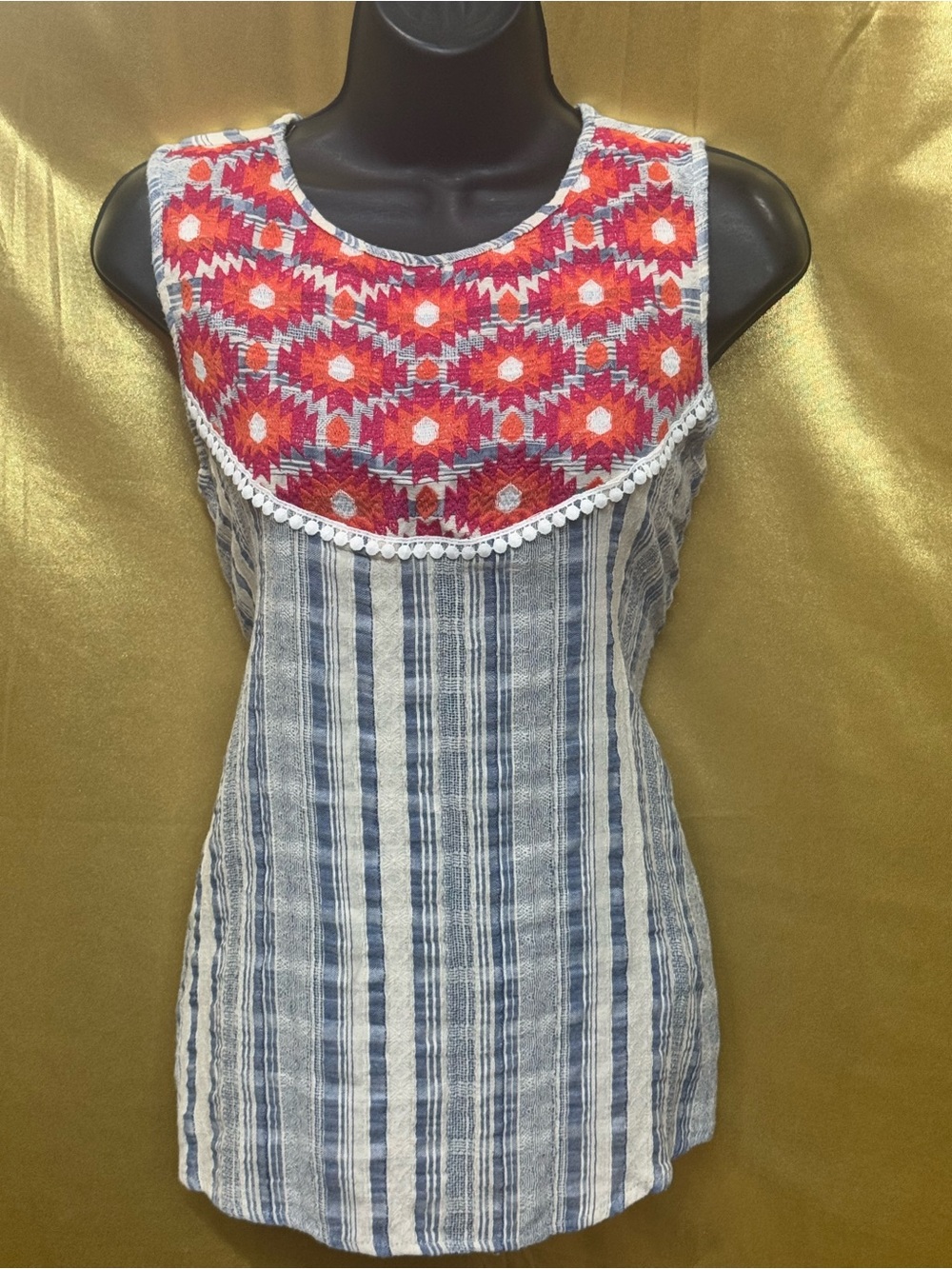 L Love Boutique Striped Tunic M Boho Embroidered Pom Pom Tank